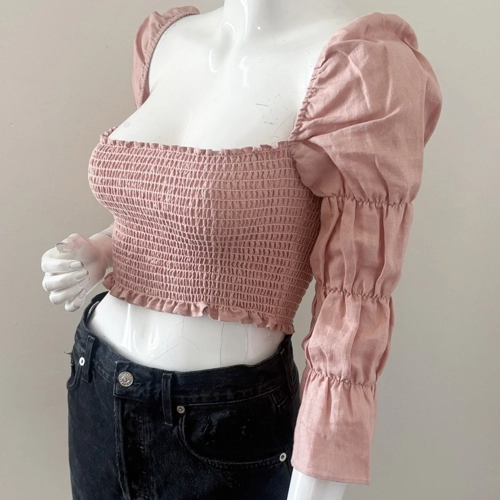 The Reformation Maple Blush Rose Pink Linen Crop Top Ruching & Square Neckline